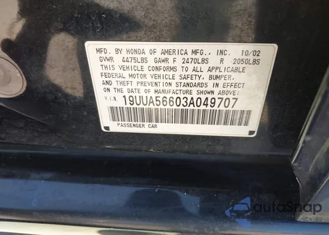 2003 Acura Tl 3.2 z USA, uszkodzony, nr VIN 19UUA56603A049707